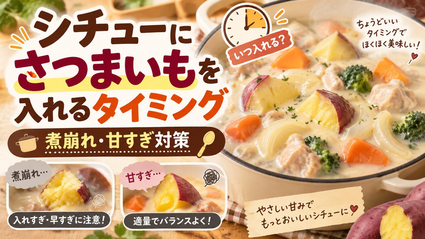 シチューにさつまいもを入れるタイミング｜煮崩れ・甘すぎ対策