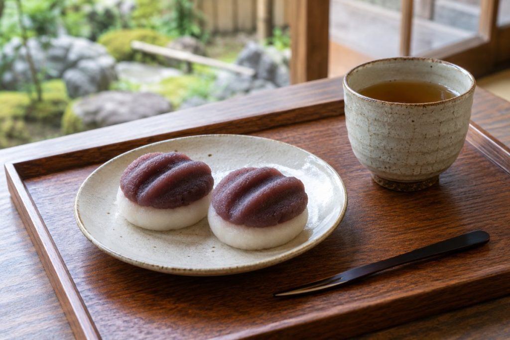 こしあんをのせた餅菓子2個と、ほうじ茶を木のお盆にのせたところ