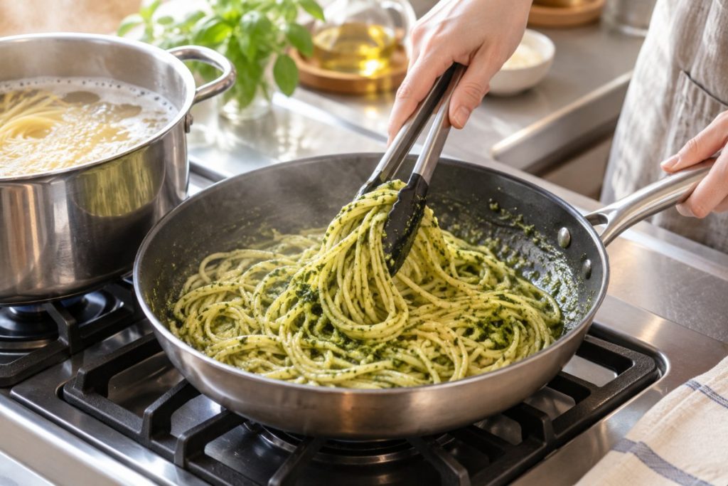 フライパンでゆでたてのスパゲティにバジルペーストとゆで汁を加えて和えているところ
