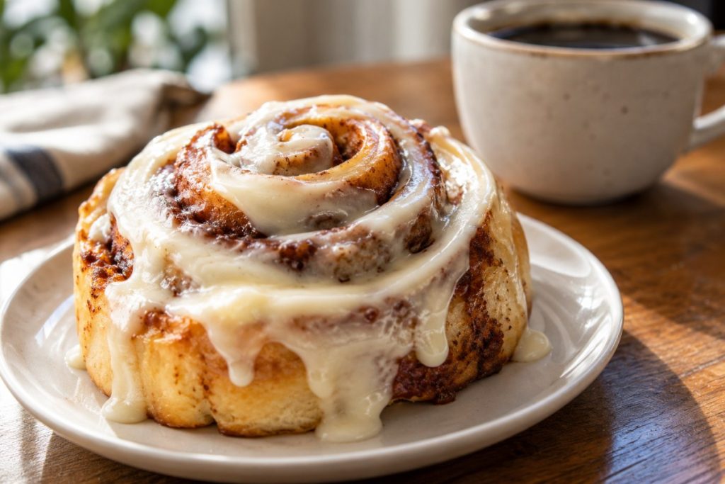 チーズフロスティングがたっぷりかかったシナモンロールとコーヒー
