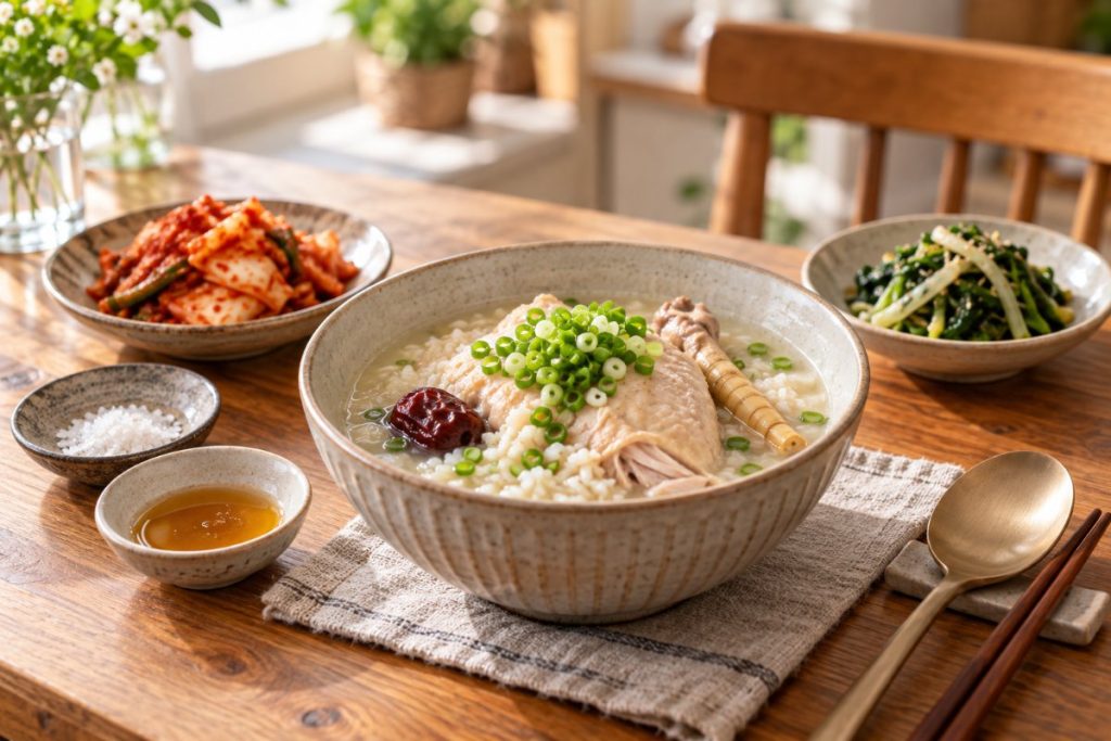 取り分けたサムゲタンに刻みねぎをのせ、塩・ごま油・キムチ・ナムルを添えた食卓