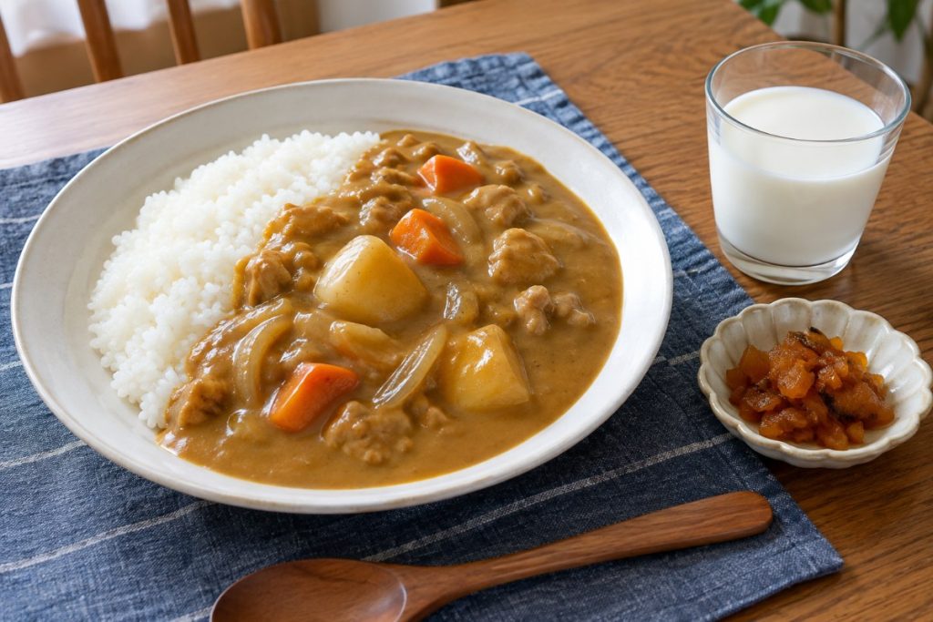 牛乳でまろやかにしたカレーライスと、牛乳・チャツネを添えた食卓