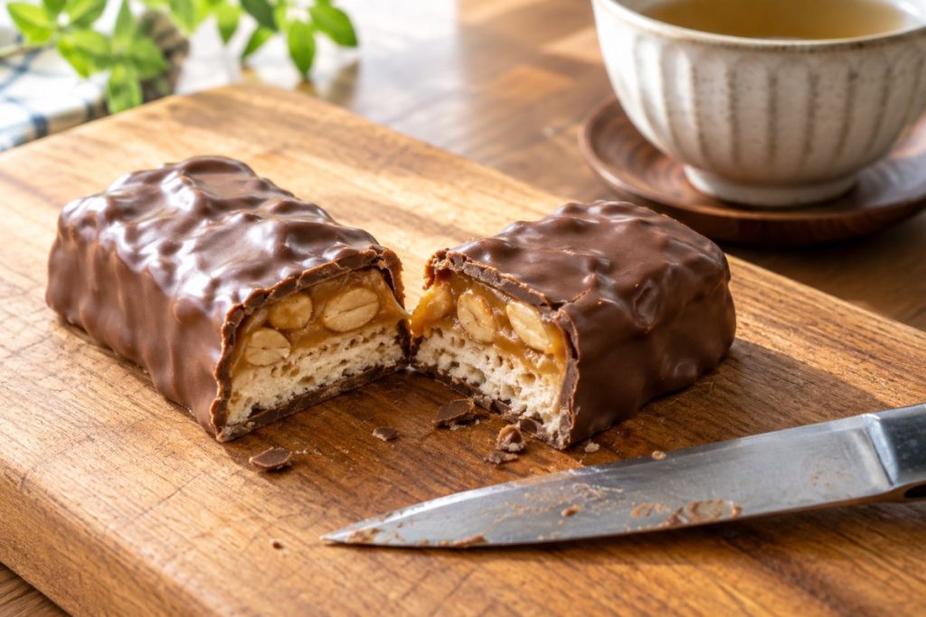 半分に切ったピーナッツ入りチョコバーの断面と、湯のみのお茶