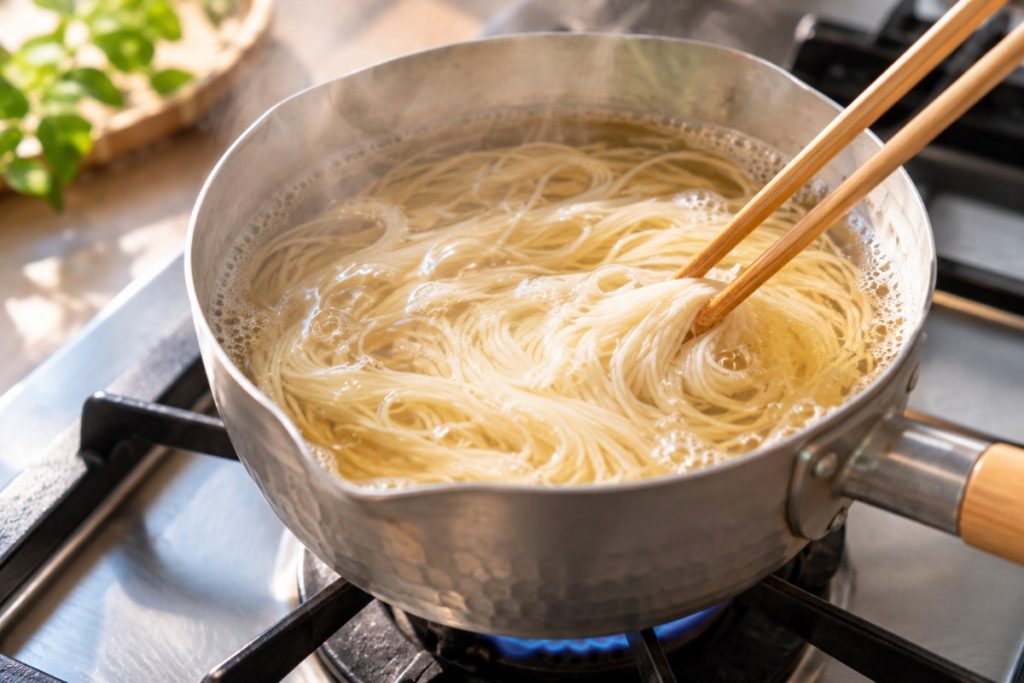片手鍋のお出汁に乾麺のそうめんをそのまま入れ、菜箸でほぐしながら煮ているところ