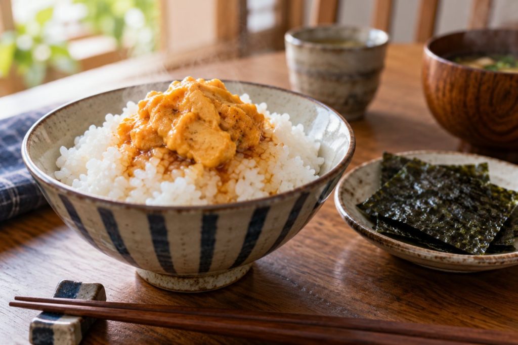 温かいご飯にうにバターをのせ、しょうゆをたらしたうにバターごはん