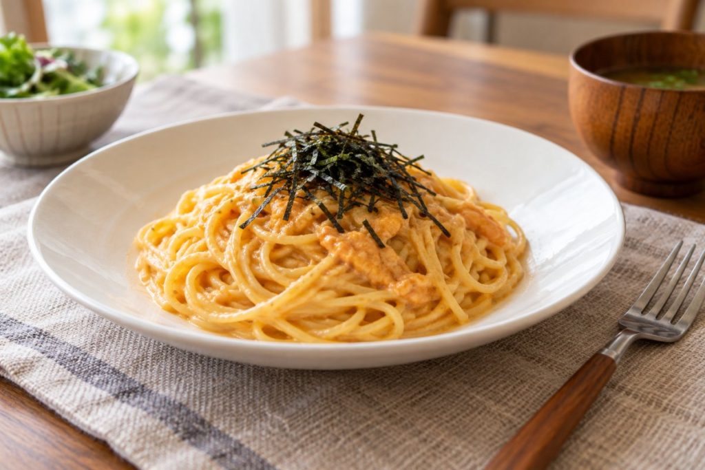 うにバターで和えたスパゲティに刻みのりをのせた一皿